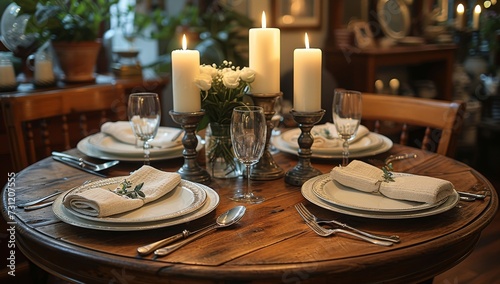 An elegant table adorned with flickering candles, delicate porcelain dishware, and gleaming silverware, set with a stunning platter as the centrepiece, creates a warm and inviting atmosphere for a de