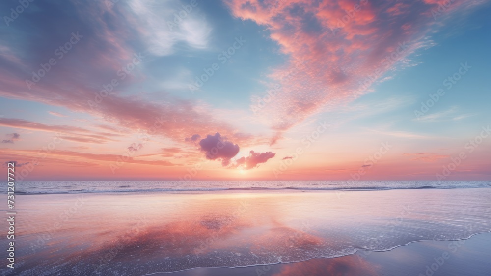 Serene beach sunset with pink clouds and calm sea