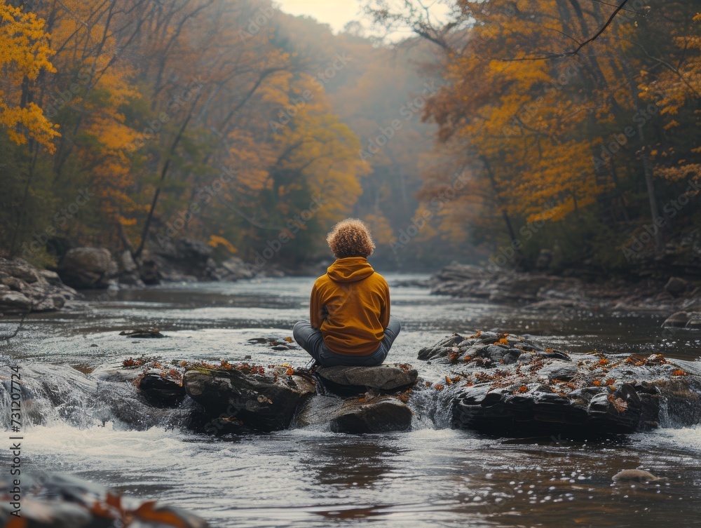 A solitary figure sits perched upon a sun-drenched rock, surrounded by the tranquil sounds of a babbling river and the vibrant colors of autumn, lost in the embrace of nature's beauty
