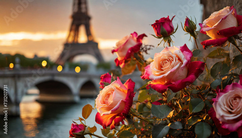 Romantic Paris scene with Blooming roses and Eiffel tower in golden hour  evoking love and beauty