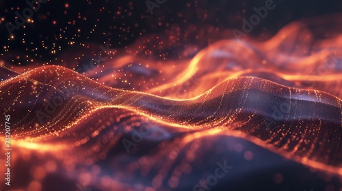 Digital illustration showcasing dynamic waves accompanied by flowing and glowing particles.