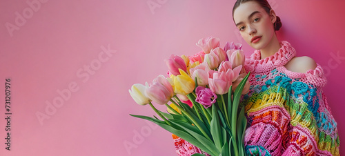 A young woman in a colorful knitted sweater with a bouquet of tulips on a pink background
