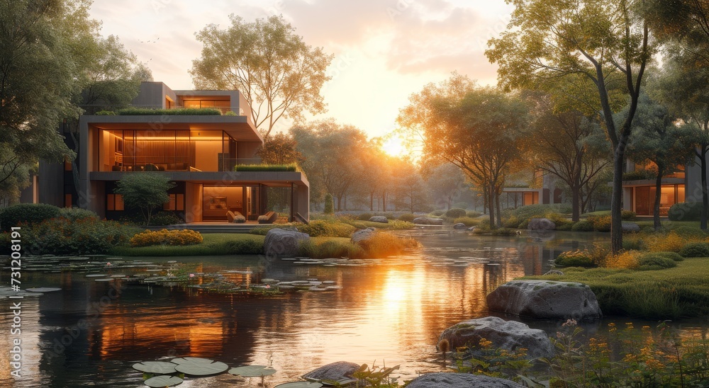 A tranquil home surrounded by lush trees, a shimmering lake, and a breathtaking sky, basking in the soft glow of sunrise or sunset