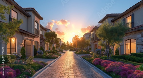 As the sun sets behind a row of quaint houses, the outdoor landscape is filled with vibrant plants and towering trees, creating a peaceful and picturesque scene