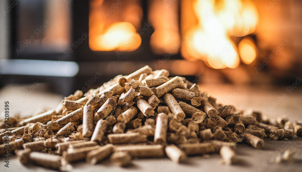 wood pellets for stove, symbolizing warmth and sustainability indoors - obrazy, fototapety, plakaty 