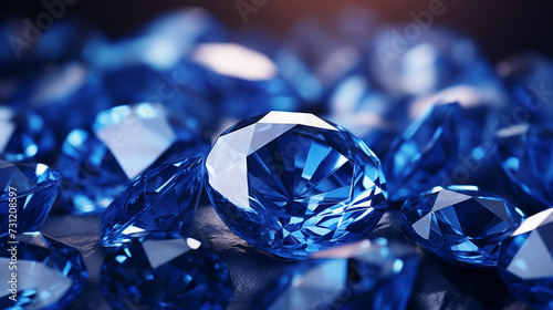 Blue diamonds Gem placed on reflection background,  blue background, soft focus photo