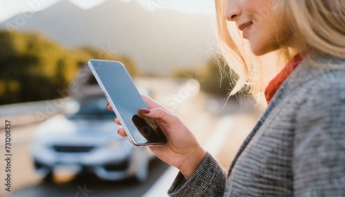 Close up hand of woman using a mobile phone call a car mechanic because car was broken photo