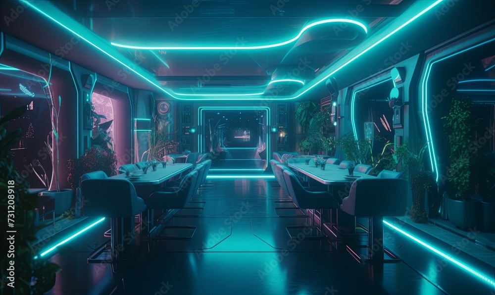 Neon cyber eatery lunchroom background. Blank 3d purple cafe snack bar room with served tables and chairs with glowing windows