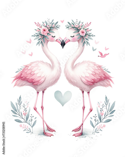 Romantic Flamingos with Floral Crowns Illustration © Thitiporn