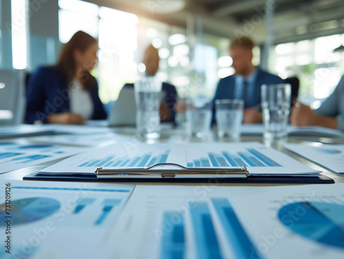 Create an image depicting a business strategy meeting where executives gather around a conference table, reviewing printed charts and digital presentations that illustrate positive market movem photo