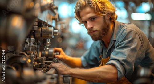 A skilled technician in work clothes focuses intently on the metalworking machine, his determined expression reflecting the precision and dedication required for such intricate tasks