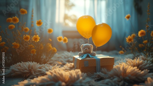 A cuddly teddy bear sits atop a wooden box, surrounded by vibrant yellow balloons, adding a touch of whimsy to the indoor space filled with natural light and a delicate flower-filled vase