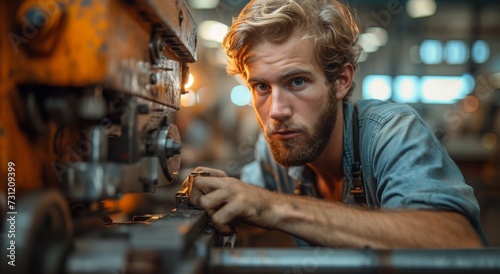 A skilled technician donning overalls focuses intently on the metalworking machine before him, his human face a mask of concentration in the bustling indoor workshop
