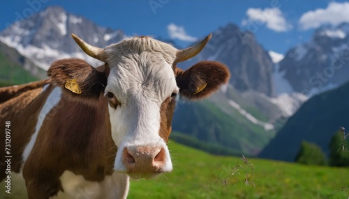  cow against the backdrop of alpine mountains and meadows  farm animals