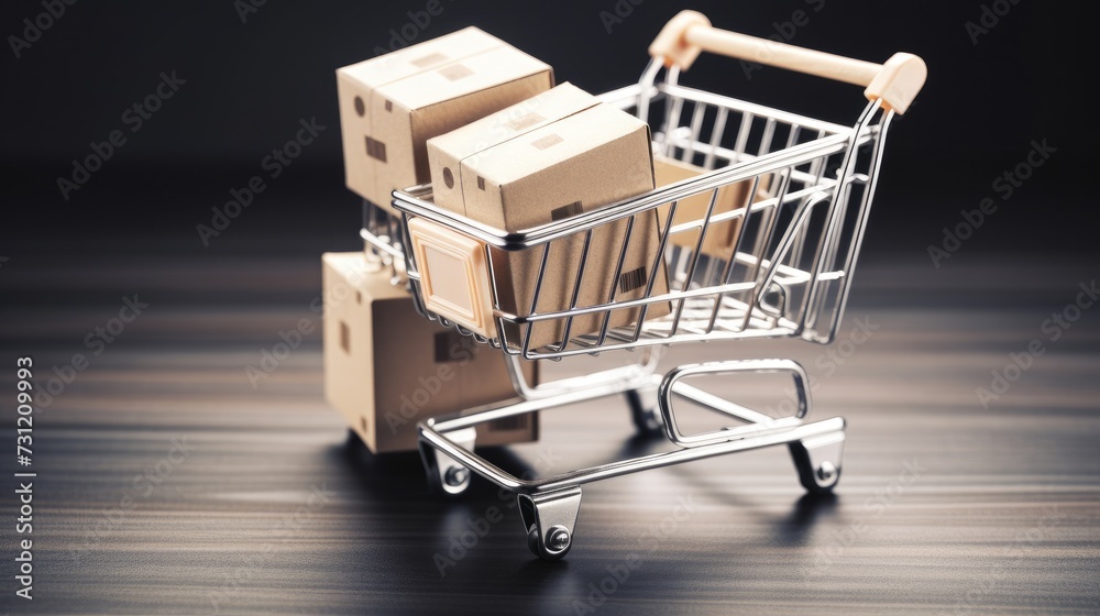 Mini cardboard boxes in a shopping cart on dark background