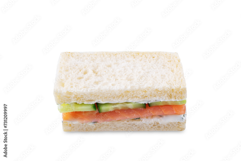 Salmon cucumber dill cream cheese tea sandwich on a white isolated background