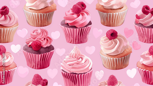 cupcakes on pink background  illustration of cupcakes and hearts  valentine s day illustration