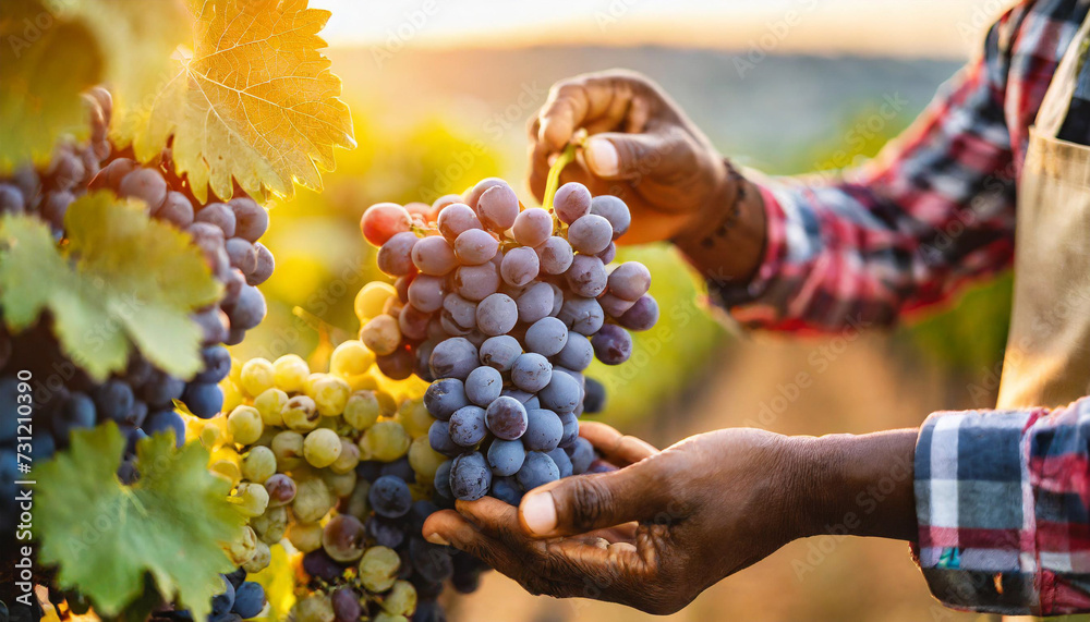 farmer hands delicately plucking ripe grapes in the golden glow of sunrise, epitomizing the bountiful harvest and labor of farming - obrazy, fototapety, plakaty 
