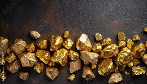 golden nuggets on textured dark surface, symbolizing wealth and discovery