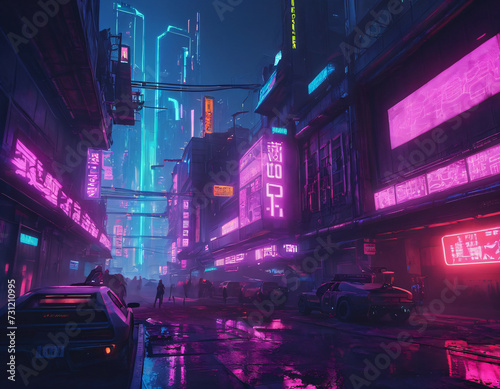 Cyberpunk landscape of city streets with neon light. Image generated by artificial intelligence, ai. The concept of retro futurism, high technology and low standard of living.