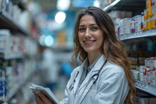 Confident Female Pharmacist Smiling in Pharmacy Aisle