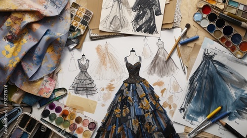 
An overhead illustration featuring various fashion dress sketches arranged alongside fabric swatches and a color palette in a workshop setting.




 photo