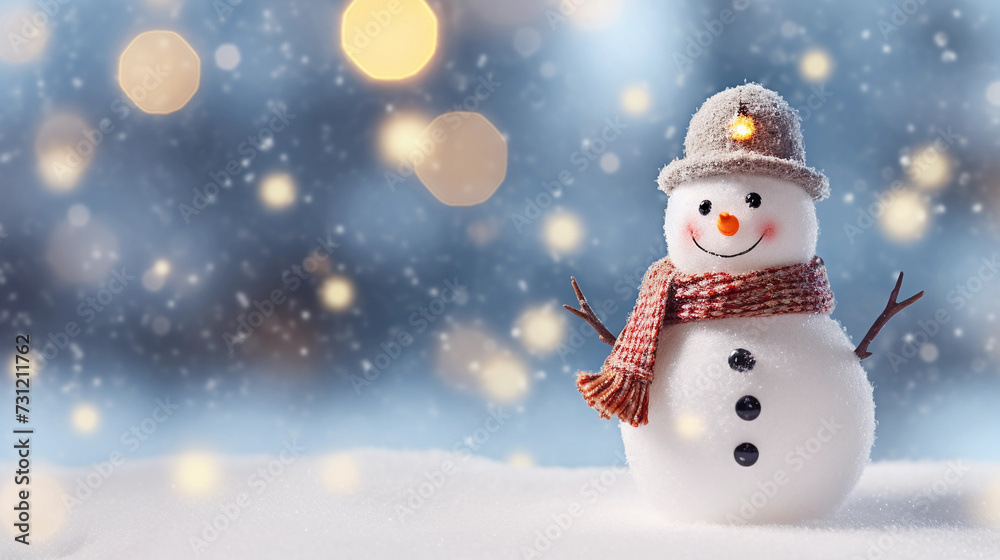 snowman decorated for christmas, small snowman figurine on a snowy background, happy snowman for winter holidays christmas tree and lights in the background, bokeh, raining light, snow and snowflakes 