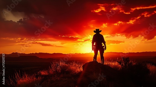 Silhouette of a cowboy with a gun in the mountains at sunset. Bounty hunter in a rugged landscape, silhouetted against a fiery sunset, emphasizing the lone and mysterious nature of the profession. #731211737