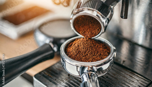 Freshly ground coffee pours into a portafilter, highlighting the art of espresso-making