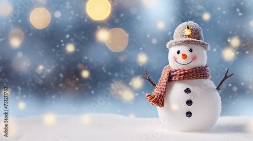 snowman decorated for christmas, small snowman figurine on a snowy background, happy snowman for winter holidays christmas tree and lights in the background, bokeh, raining light, snow and snowflakes  © Johannes