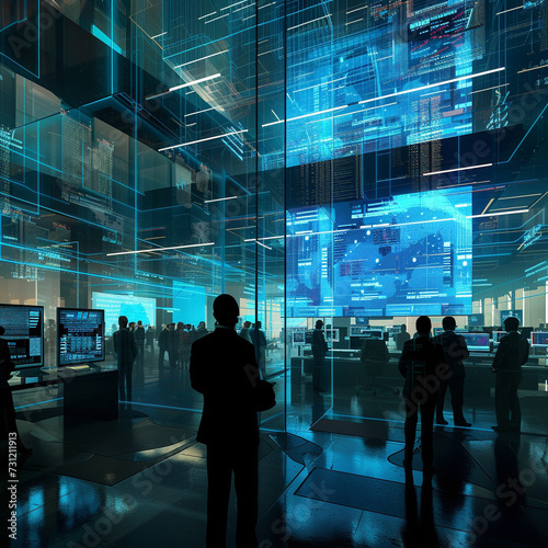 Picture a 3D visualization of a high-tech trading floor of the future, where augmented reality and holographic projections bring financial data to life Traders and analysts move among interacti photo