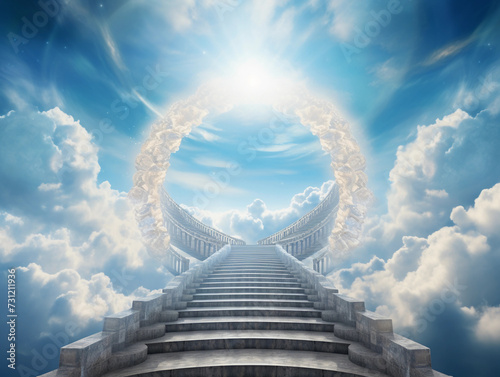 Stairway Curving Through Clouds Into The Light Of Heaven With Blue Sky 