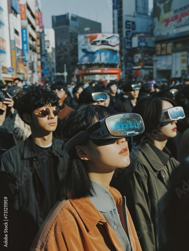 Diverse group of people wearing augmented reality glasses, wearing augmented reality goggles, interacting seamlessly with holographic AI interfaces in a bustling city square. 