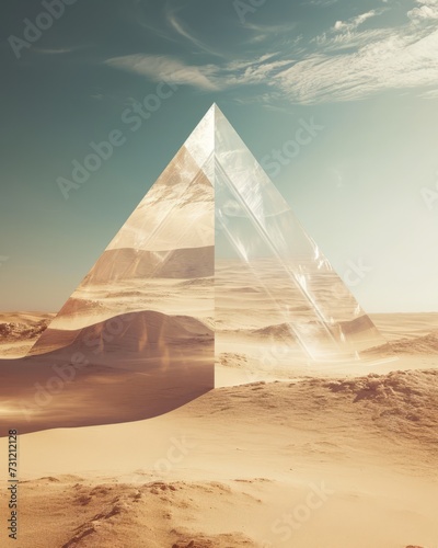 Triangular pyramid in the desert in the middle of the desert  against blue sky. Surreal desert landscape with a mirage of a crystal-clear oasis that deceives the viewer.  photo