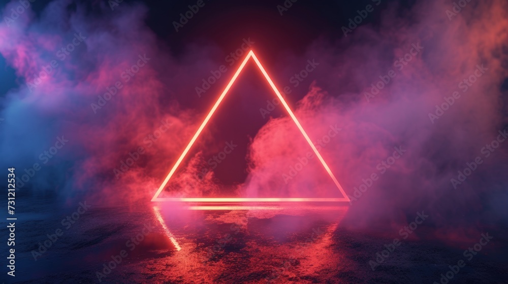 Futuristic abstract modern empty stage glowing smoke neon with light triangle shape. AI generated