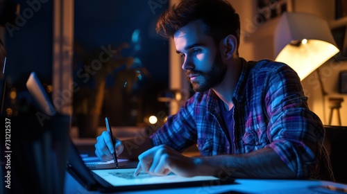  Image of a young man focused on the screen of a graphic tablet while sitting at a table, drawing with a pen in hand in a dark room.