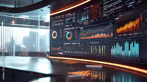visualize a vibrant dashboard filled with economic graphs and charts, each displaying upward trends and positive movements in various financial markets The scene is set in a modern analytics st photo