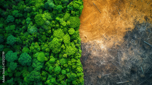 visualize an aerial landscape that captures the stark contrast of deforestation, where clear-cut land meets the vibrant green of remaining forests This image highlights the dramatic impact of l photo