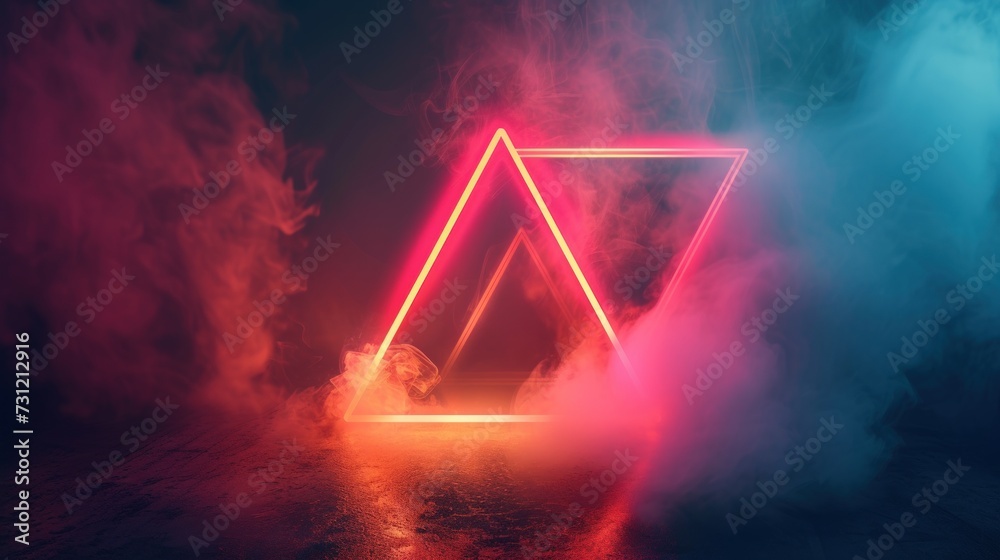 Futuristic abstract modern empty stage glowing smoke neon with light triangle shape. AI generated