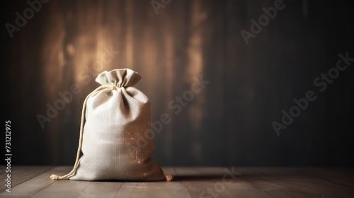 A textured burlap money bag tied with a string on a rustic wooden table photo