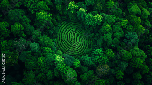 Aerial top down view of a green forest with human fingerprint in the middle , deforestation and human impact on nature biodiversity concept illustration photo