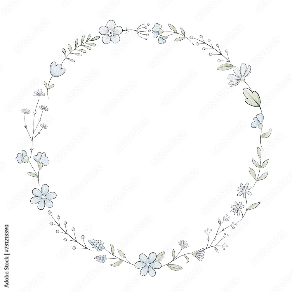 Round frame with varied simple small flowers, plants and leaves isolated on white background. Watercolor hand drawn illustration