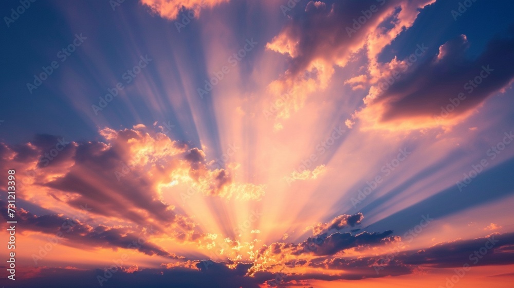 Sunset sky with sun rays and sunset clouds