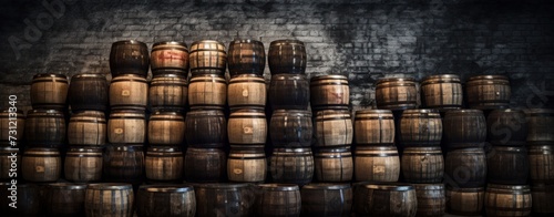 Old wooden whiskey, scotch, wine barrels stack in a warehouse. AI generated image photo