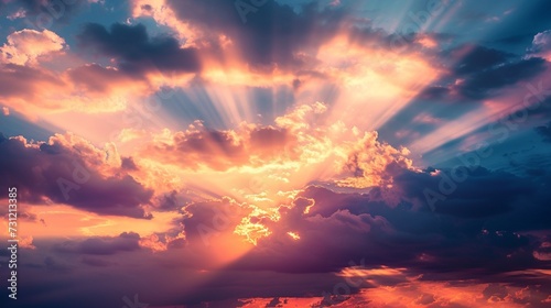 Sunset sky with sun rays and sunset clouds