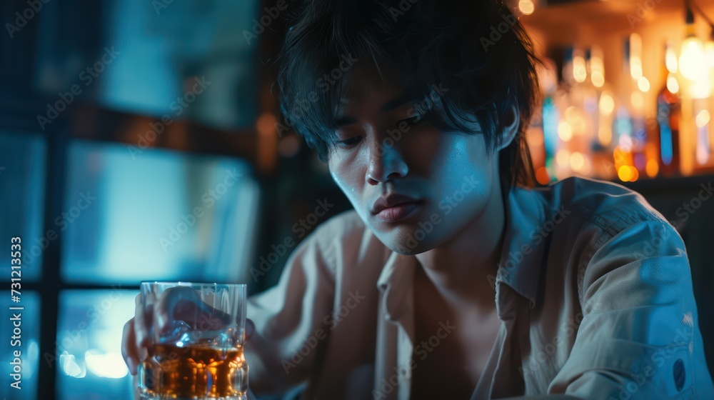Alcoholism, sad depressed asian young man drink whiskey, - obrazy, fototapety, plakaty 