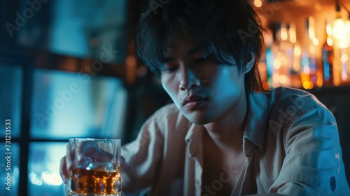 Alcoholism, sad depressed asian young man drink whiskey,