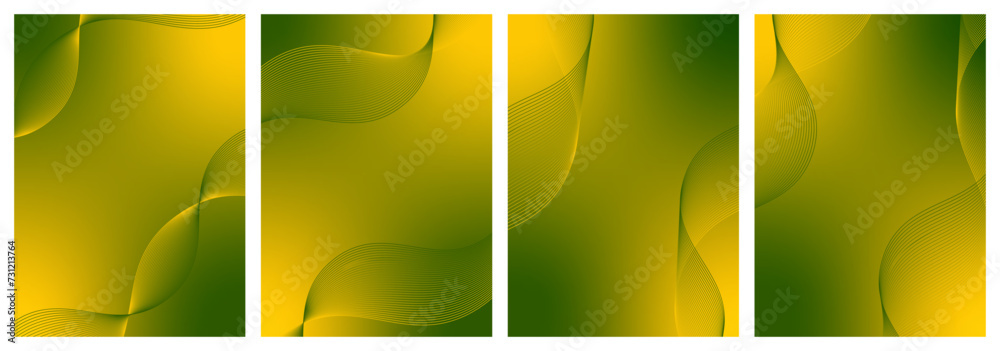 Abstract background vector set green, yellow with dynamic waves for business. Futuristic technology backdrop with network wavy lines. Premium template with stripes, gradient mesh for banner or poster