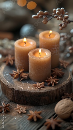Handmade natural candles showcased on a wooden background. Simplicity and charm of the candles  organic background.