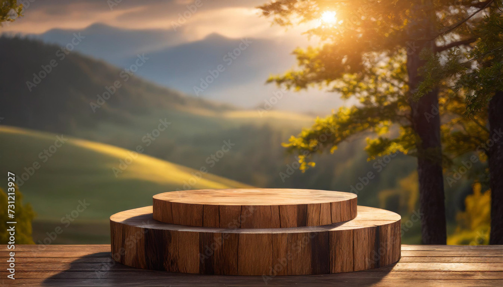 Minimal wood podium in sunlight. Ideal for branding and packaging Minimal wood podium in sunlight. Ideal for branding and packaging